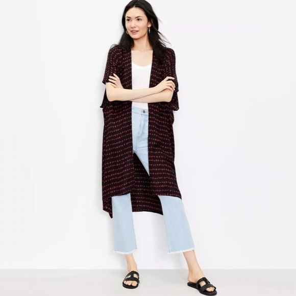 NWT Loft Pearl Polka Dot Print Long Open Kimono In Black & Red - Picture 3 of 7
